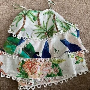 Farm Rio Womens Tropical Tiered Ruffle Cami Top Pom Pom Lace Swiss Dot flaw